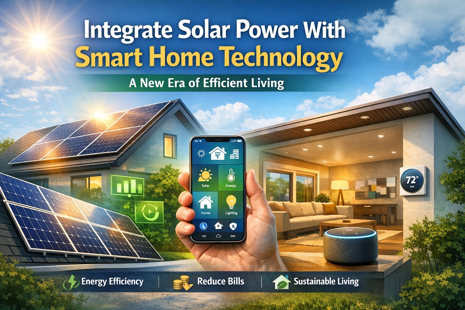  A smart home setup showcasing solar panels integrated with home automation devices for energy efficiency.